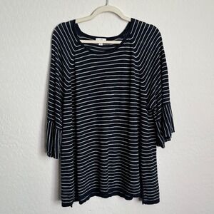 J. Jill Womens 2X Navy Blue White Striped Linen Blend Bell Sleeve Knit Top Boho